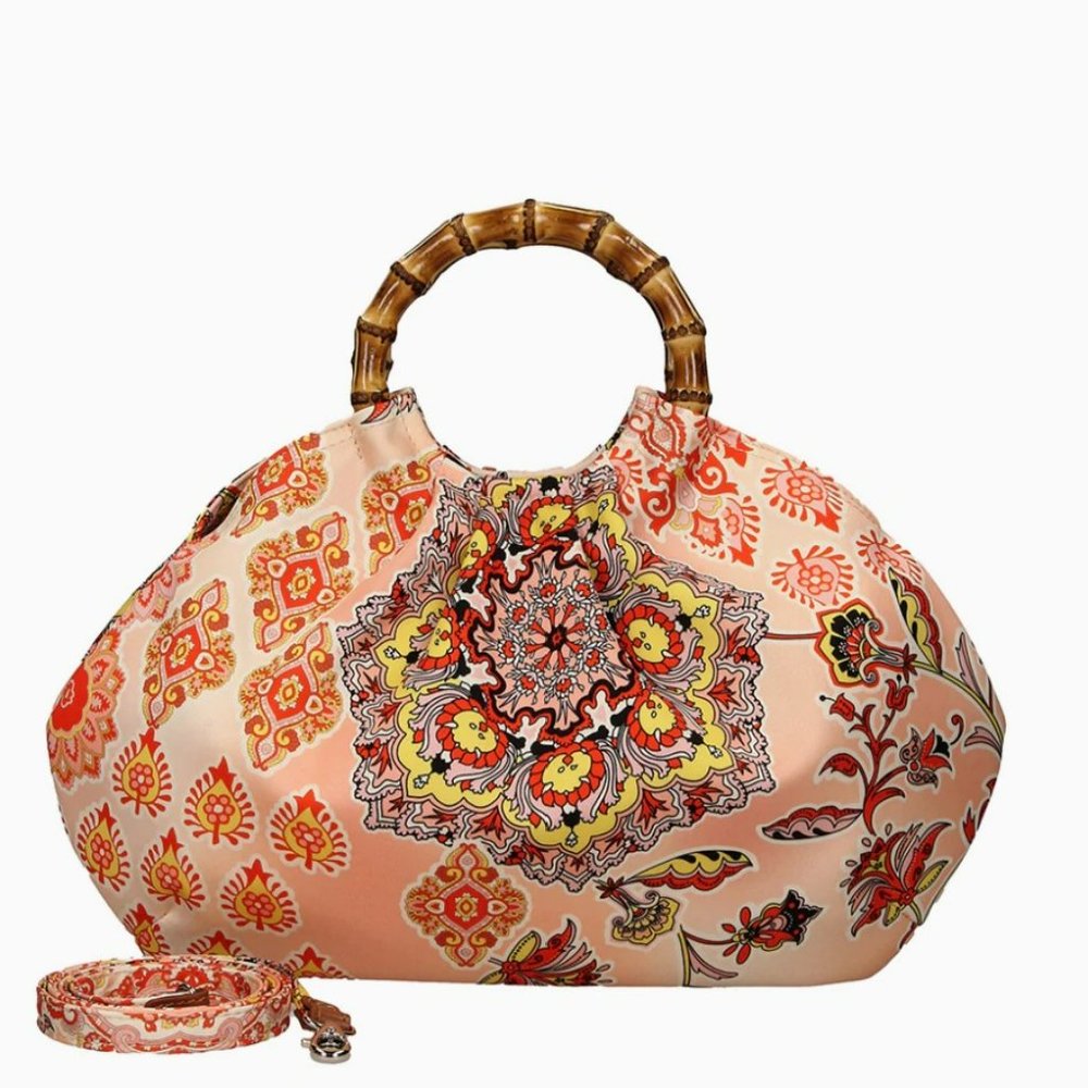 Bonfanti🌺Corolla SilkRoad coral printed bamboo top handle Crossbody Satchel